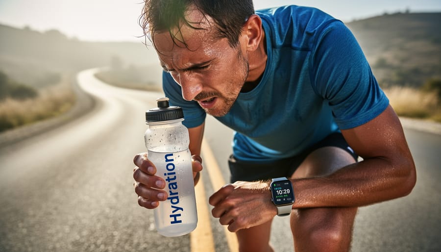 Runner resting by the roadside with a handheld water bottle during a long run