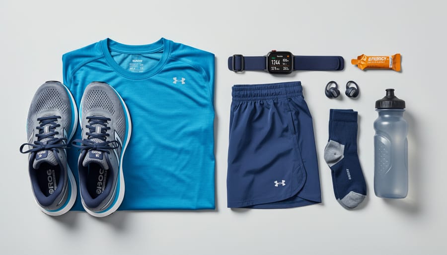 Running shoes and a race day bag laid out neatly on a bedroom floor