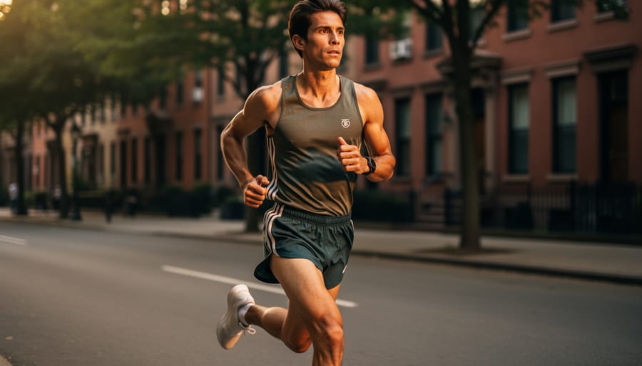 Women runner wearing classic-inspired Tracksmith-style running singlet and shorts on a track