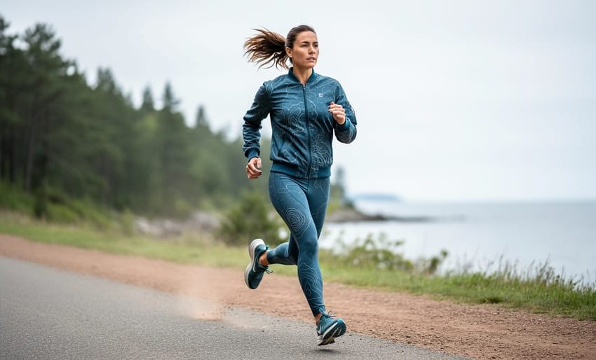 A woman running on a road-to-trail path wearing modern, leakproof performance apparel, with forest and distant coastline blurred in the background.